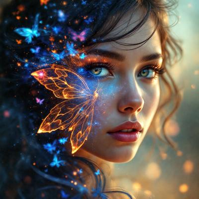The primary subject of the image is a woman with blue eyes, who is the main focus of the scene. She is surrounded by a vibrant and colorful background, which includes a butterfly and a flower. The visual style of the image is a combination of photo and digital art, creating a unique and eye-catching representation of the woman. The colors and mood of the image are lively and energetic, with the blue eyes of the woman standing out against the vivid and colorful background.